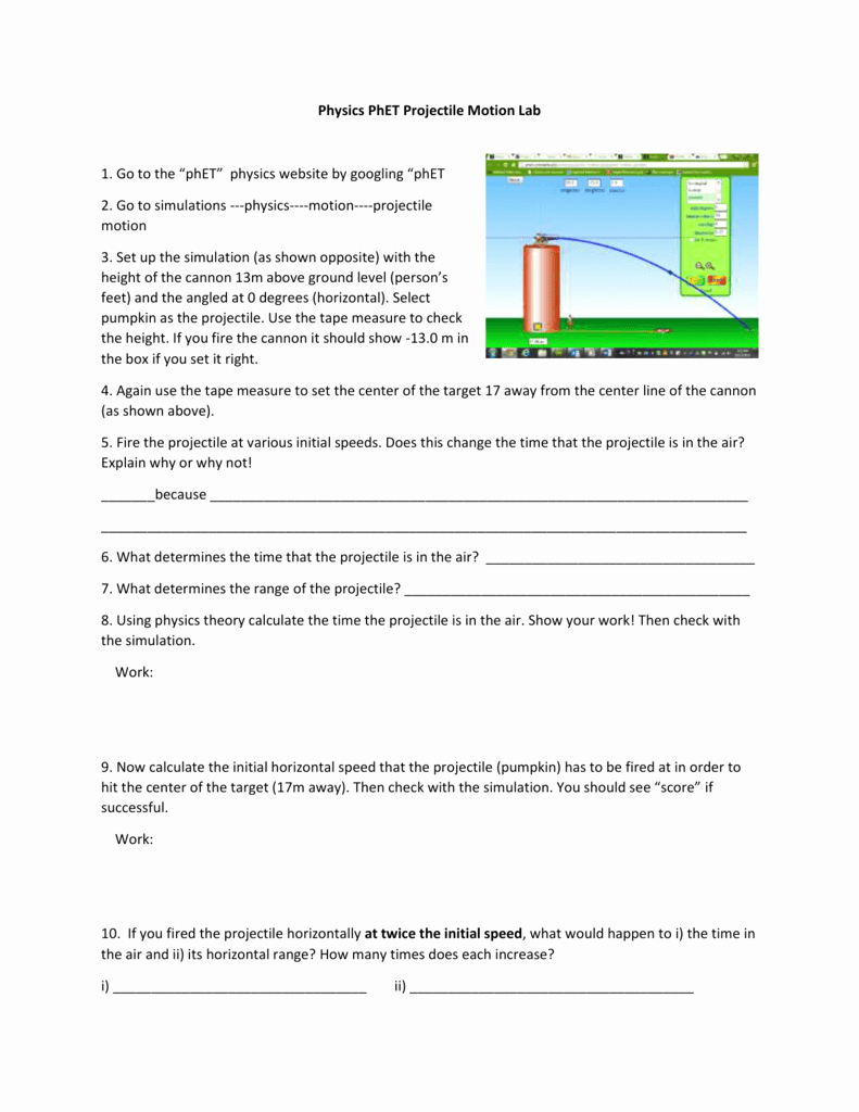 Projectile Motion Worksheet with Answers Elegant Phet Projectile Motion Worksheet