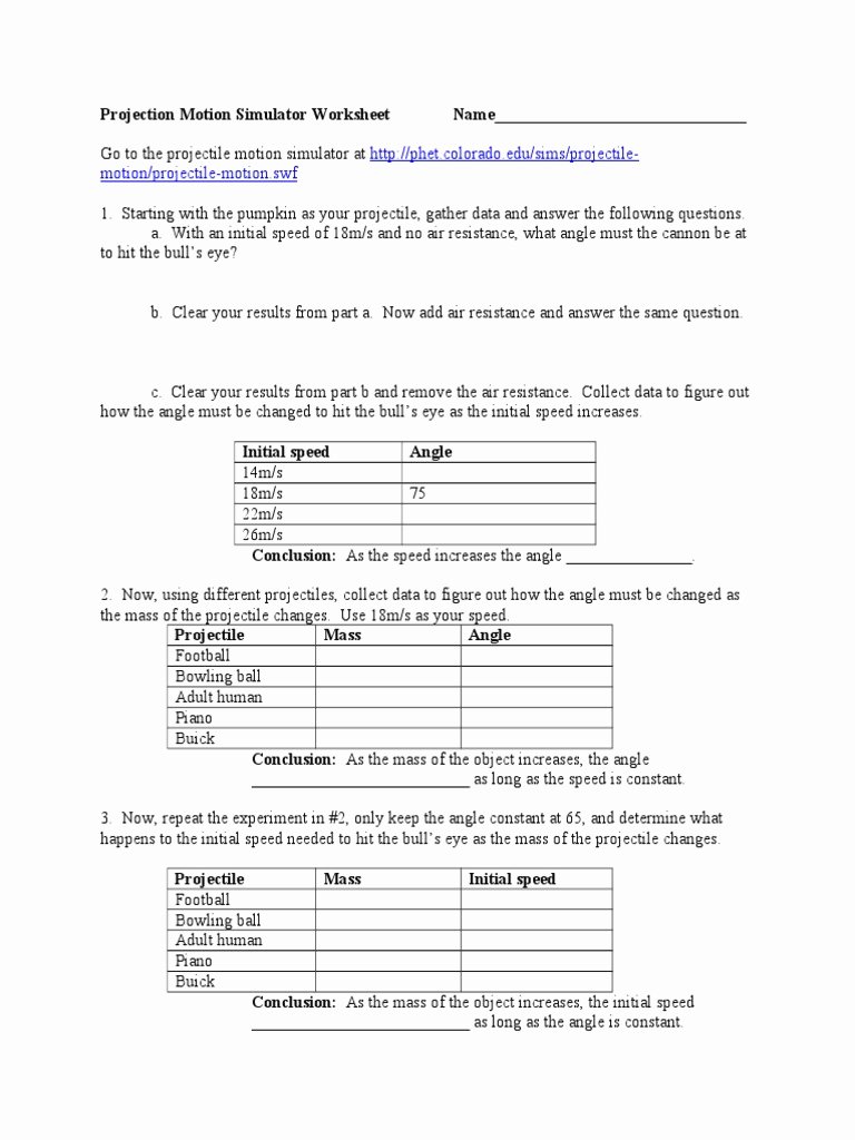 Projectile Motion Worksheet with Answers Luxury Projectile Motion Simulator Worksheet Doc