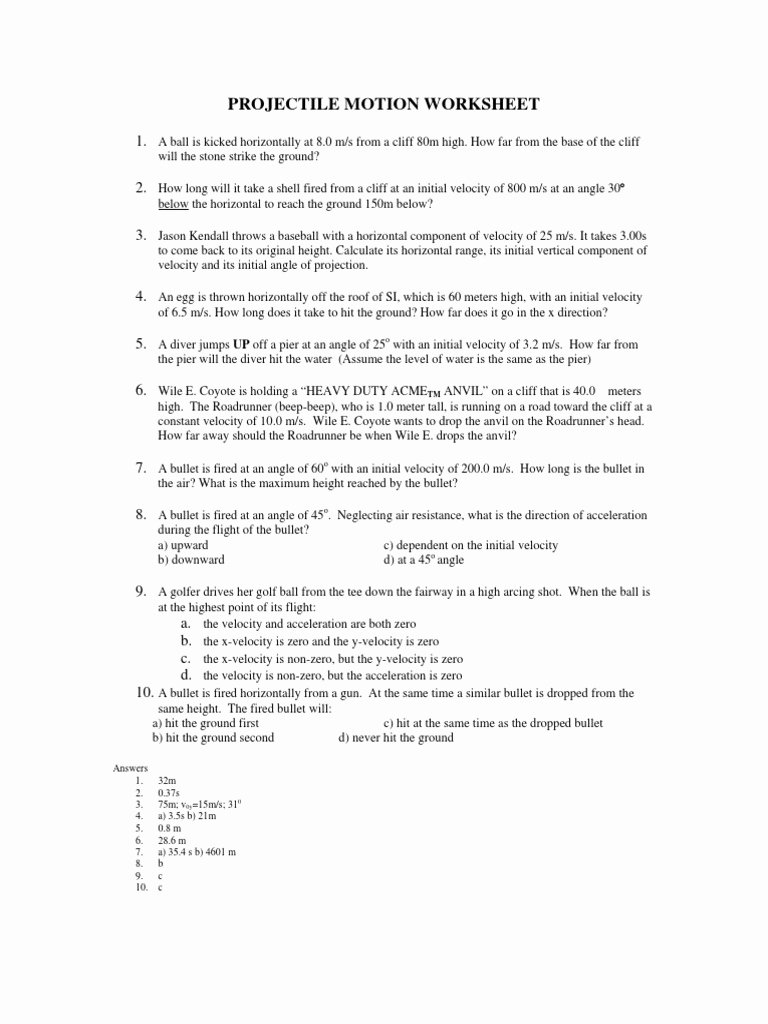 Projectile Motion Worksheet with Answers Luxury Unit Vi Worksheet 3 Projectile Motion Problems Answers