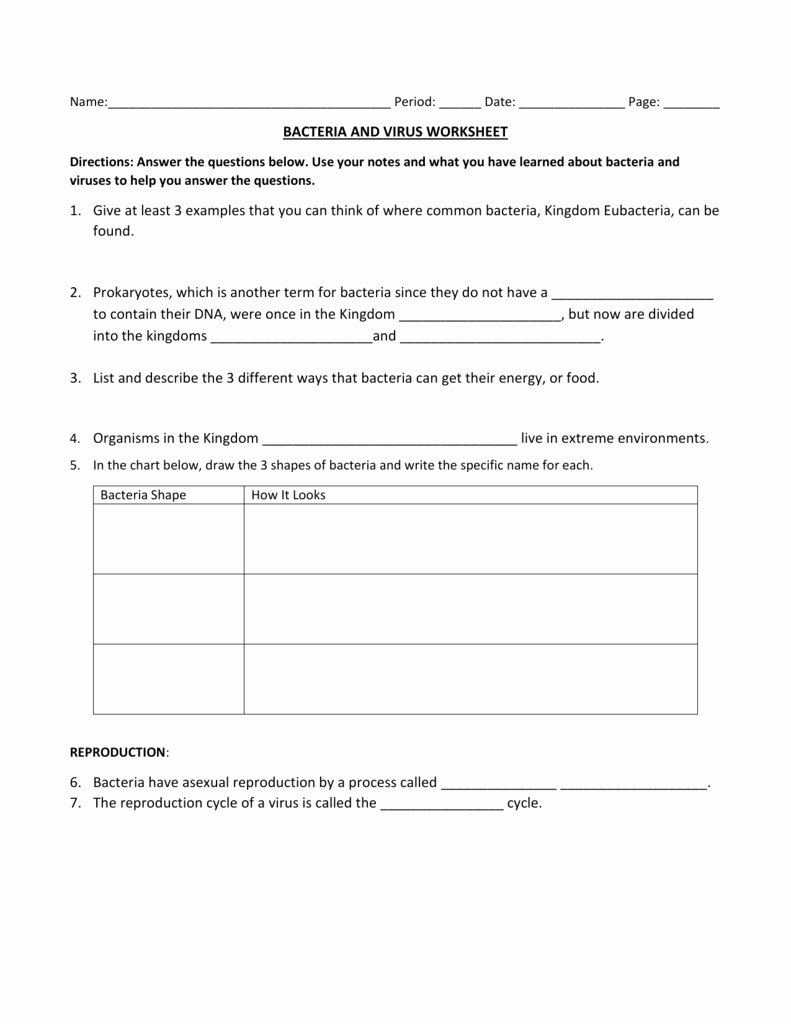 Prokaryotes Bacteria Worksheet Answers Beautiful Bacteria and Virus Worksheet 1 Give at Least 3 Examples