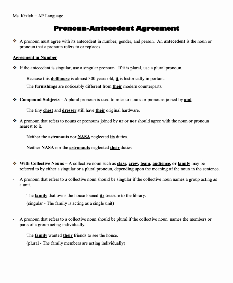 Pronoun Antecedent Agreement Worksheet