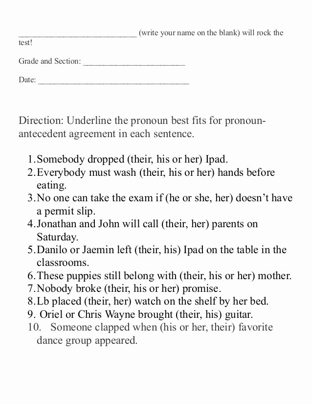 Pronouns And Antecedents Worksheet