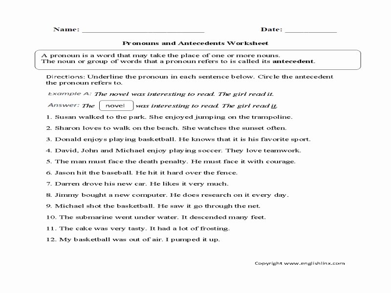 Pronoun Antecedent Agreement Worksheet Unique Pronouns and Antecedents Worksheets Free Printable