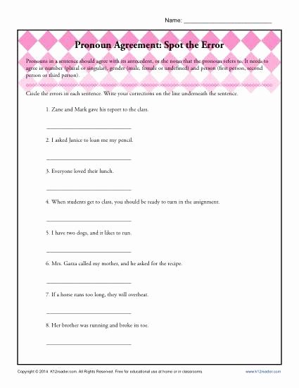 Pronouns and Antecedents Worksheet Awesome Pronoun Agreement Spot the Error