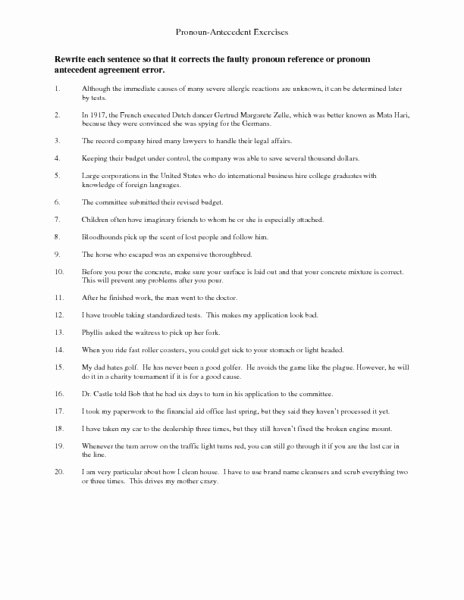 Pronouns and Antecedents Worksheet Elegant Pronoun Antecedent Agreement Quiz