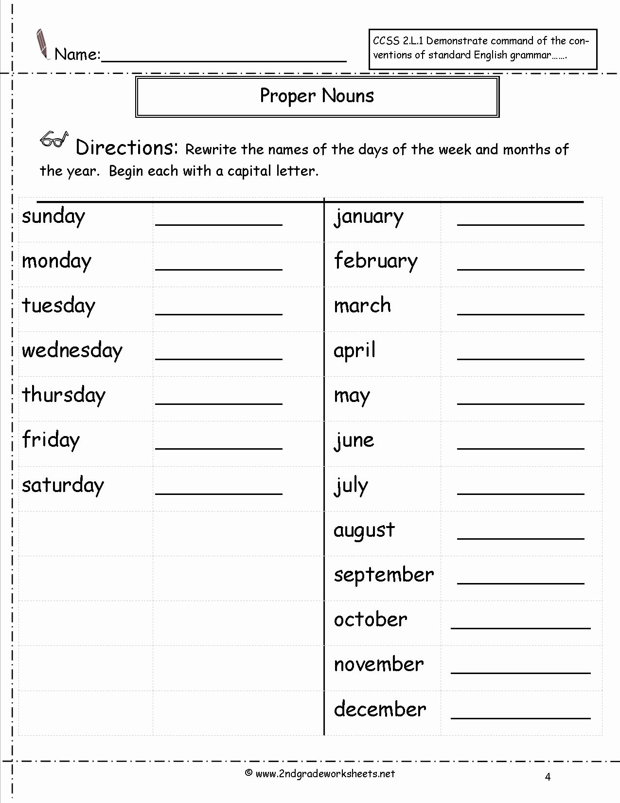 50 Proper Nouns Worksheet 2nd Grade