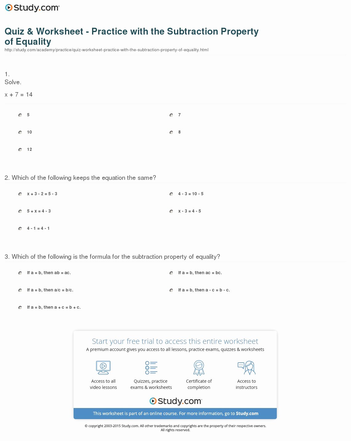 Properties Of Equality Worksheet Fresh Quiz &amp; Worksheet Practice with the Subtraction Property