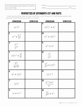 Properties Of Exponents Worksheet Answers Fresh Properties Of Exponents Cut and Paste by Maneuvering the