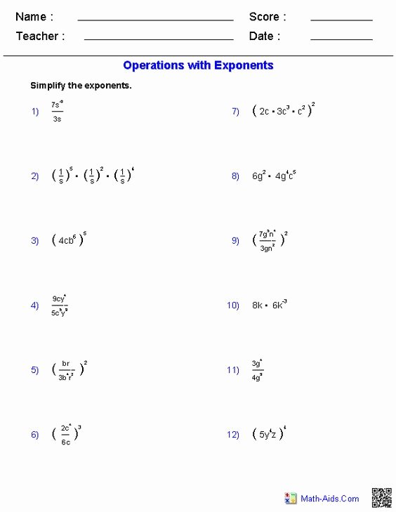 Properties Of Exponents Worksheet Answers Inspirational Operations with Exponents Worksheets