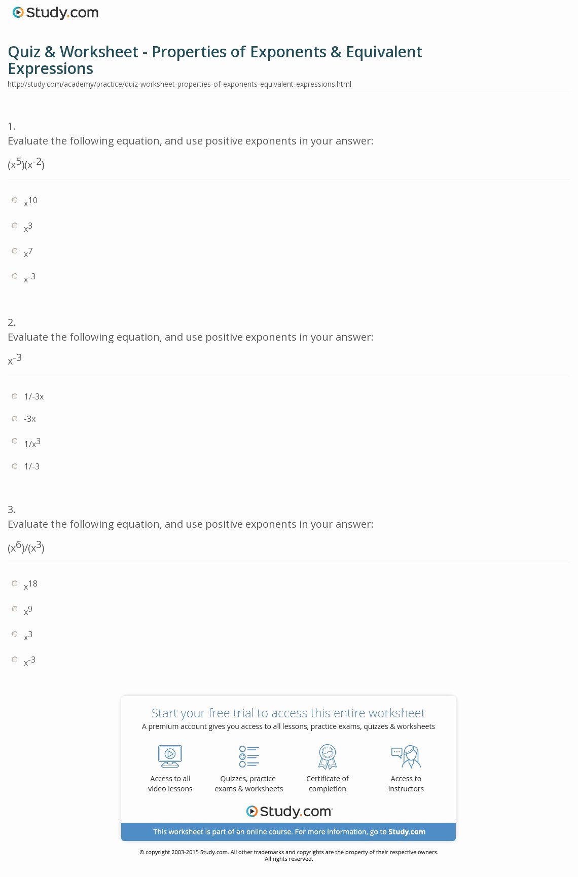 Properties Of Exponents Worksheet Answers Unique Quiz &amp; Worksheet Properties Of Exponents &amp; Equivalent