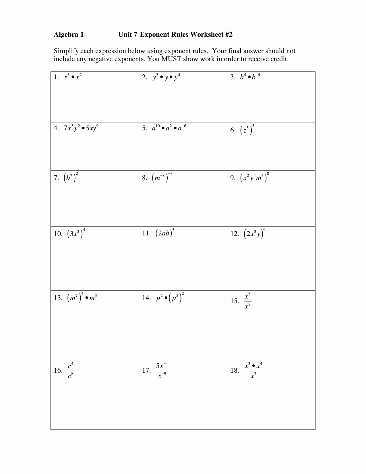 Properties Of Exponents Worksheet Beautiful Algebra 1 Unit 7 Exponent Rules Worksheet 2 Simplify Each