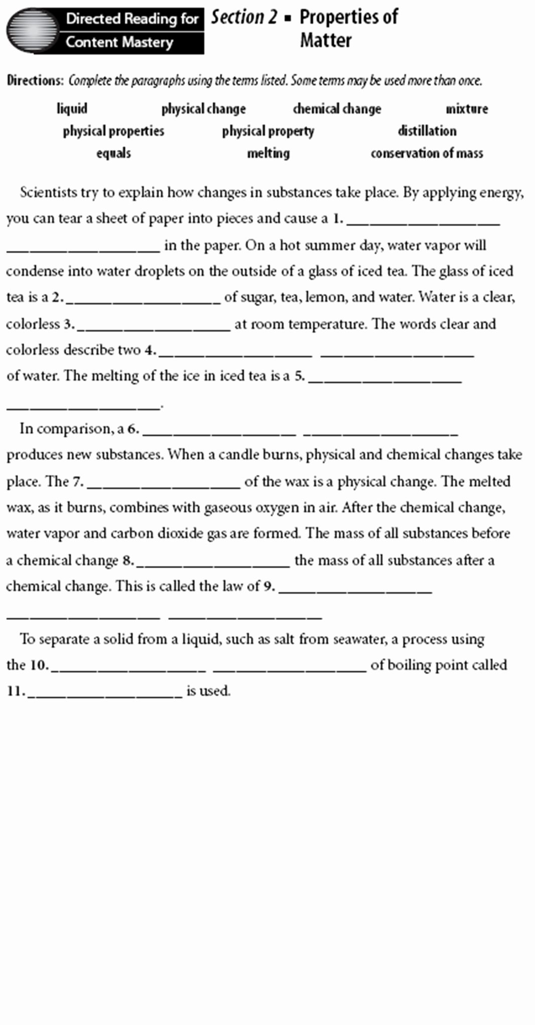 properties and interactions of matter worksheet answers