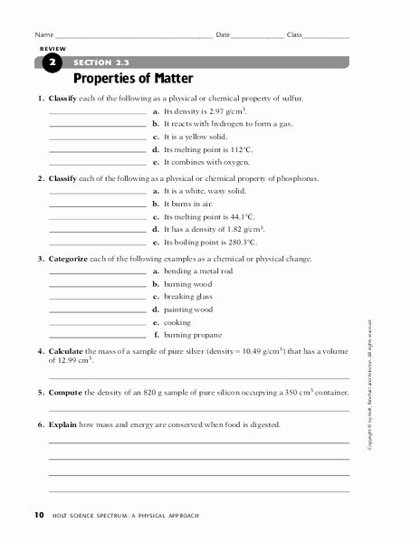 Properties Of Matter Worksheet Answers Beautiful Properties Of Matter Worksheet for 9th 12th Grade