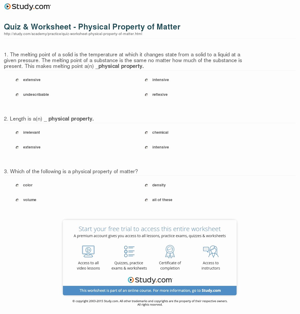 Properties Of Matter Worksheet Answers Beautiful Quiz &amp; Worksheet Physical Property Of Matter