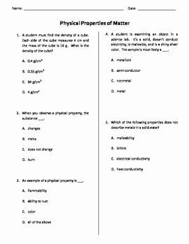 Properties Of Matter Worksheet Answers Inspirational Physical Properties Of Matter Quiz Test or Worksheet
