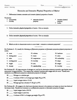 Properties Of Matter Worksheet Answers Lovely Extensive and Intensive Physical Properties Of Matter by