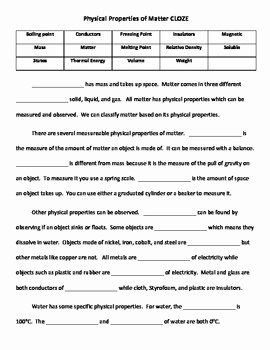 Properties Of Matter Worksheet Answers Luxury Physical Properties Of Matter Cloze by Sticking with