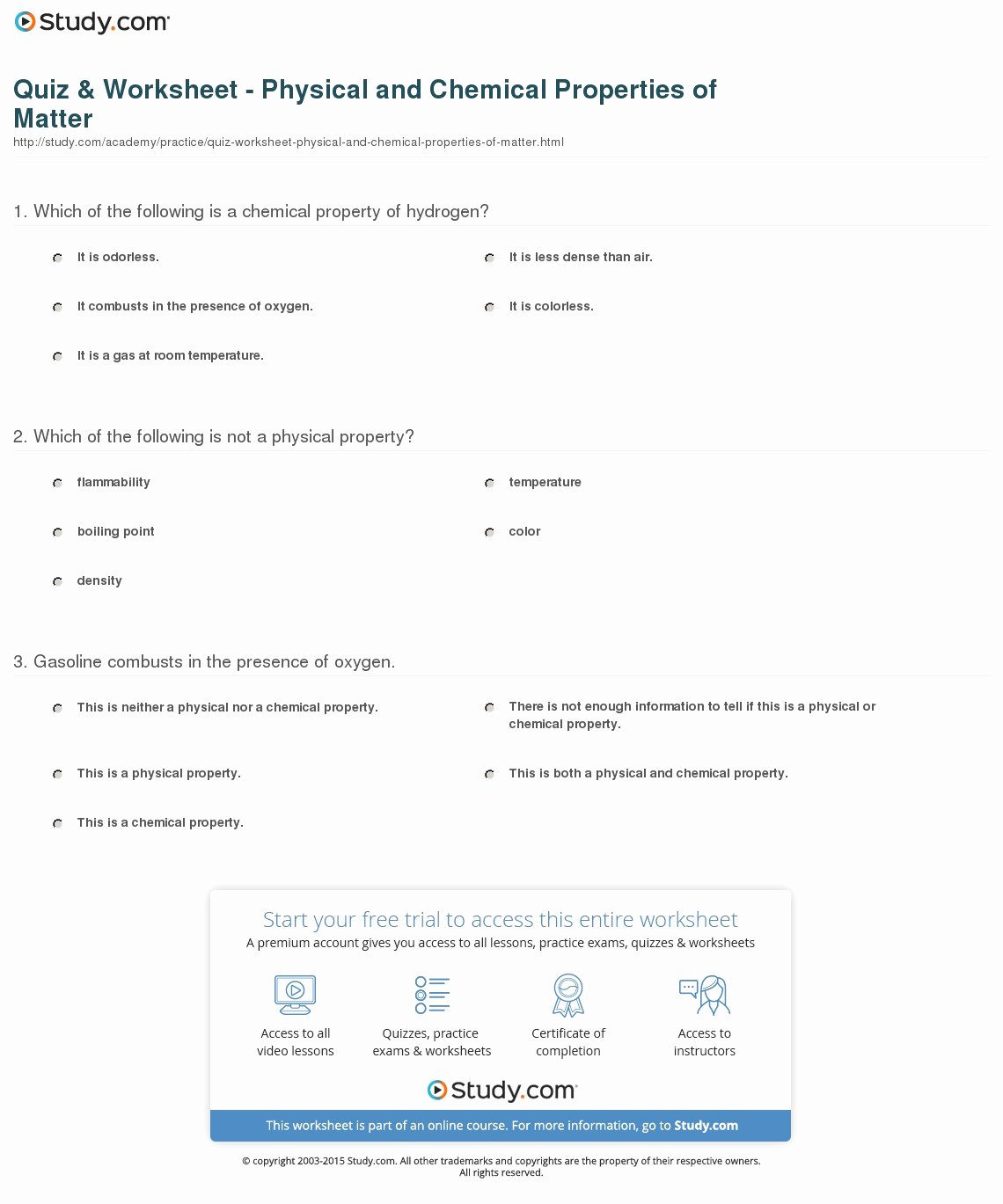 Properties Of Matter Worksheet Answers New Quiz &amp; Worksheet Physical and Chemical Properties Of