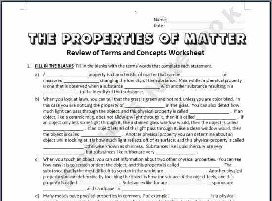 Properties Of Matter Worksheet Fresh Properties Of Matter Review Worksheet