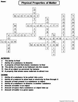 Properties Of Matter Worksheet Inspirational Physical Properties Of Matter Worksheet Crossword Puzzle