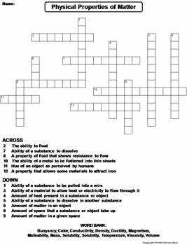 Properties Of Matter Worksheet New Physical Properties Of Matter Worksheet Crossword Puzzle