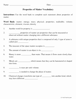Properties Of Matter Worksheet Pdf Best Of Properties Of Matter Vocabulary Grade 7 Free Printable