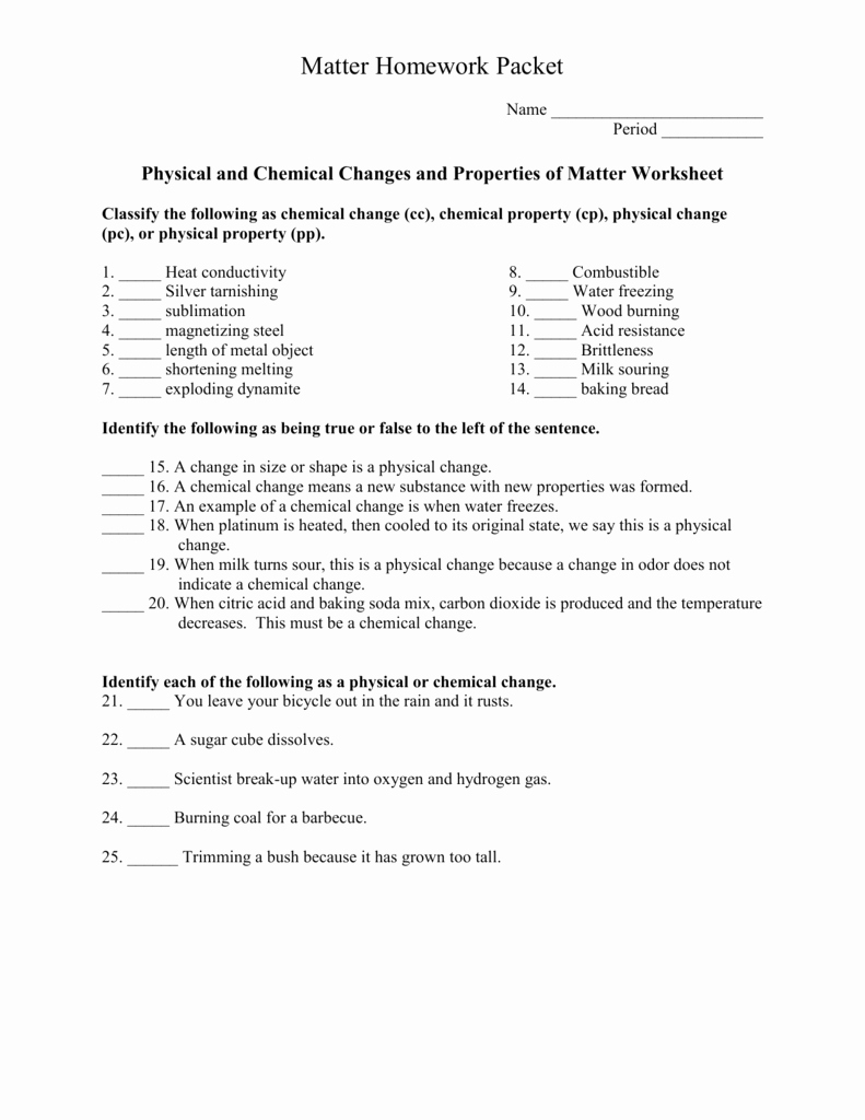 Properties Of Matter Worksheet Pdf Elegant Physical and Chemical Changes and Properties Of Matter