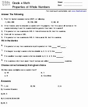 Properties Of Numbers Worksheet Lovely Grade 4 Math Worksheets and Problems Properties Of whole
