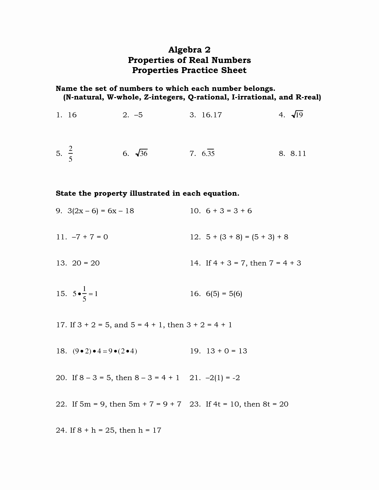 Properties Of Numbers Worksheet