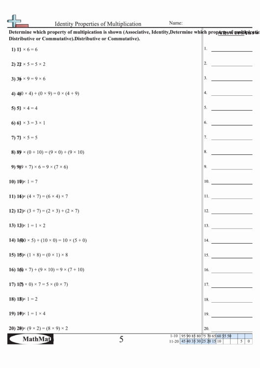 identity properties of multiplication math worksheet with answers