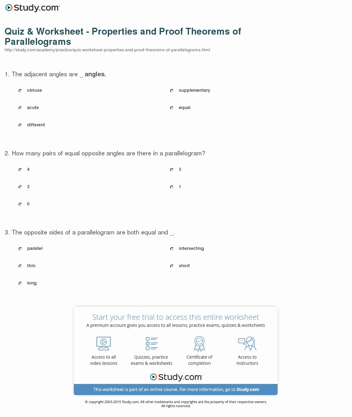 Properties Of Parallelograms Worksheet Awesome Quiz &amp; Worksheet Properties and Proof theorems Of