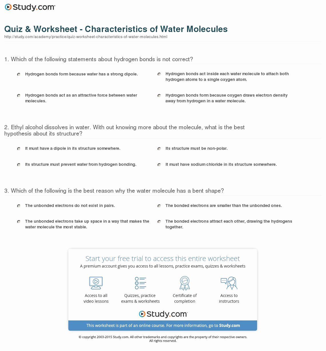 Properties Of Water Worksheet Answers Lovely Quiz &amp; Worksheet Characteristics Of Water Molecules