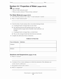 Properties Of Water Worksheet Biology Fresh Section 2–2 Properties Of Water Pages 40–43
