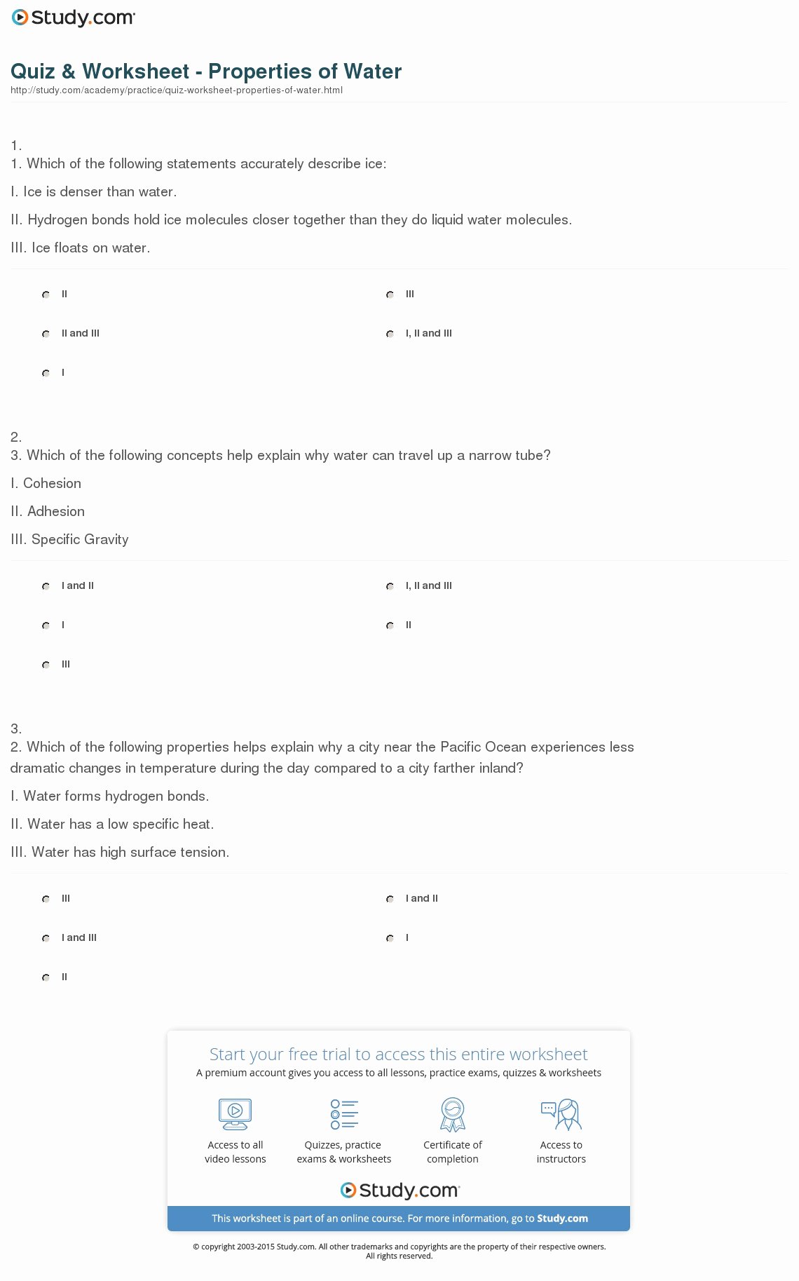 quiz worksheet properties of water