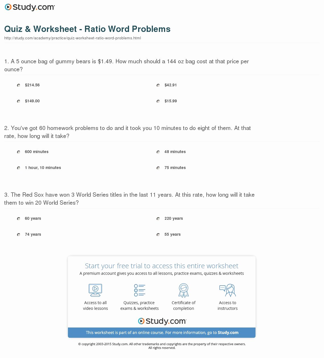 Proportion Word Problems Worksheet Best Of Quiz &amp; Worksheet Ratio Word Problems