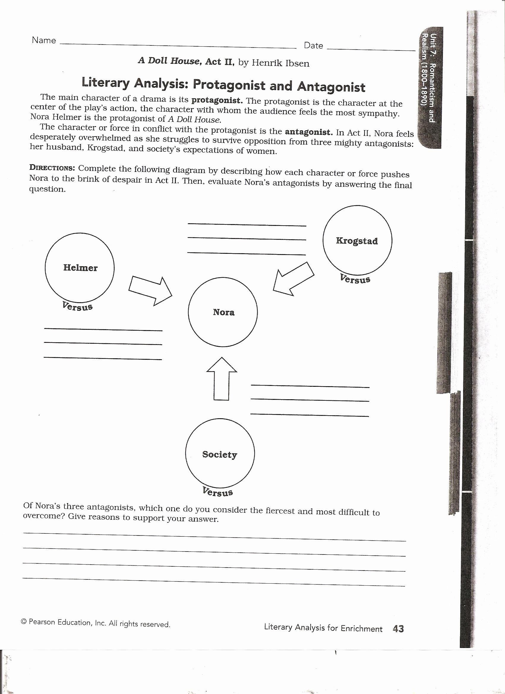 Protagonist and Antagonist Worksheet New Canyon High School Romanticism and Realism