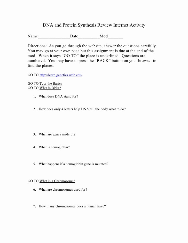 Protein Synthesis Review Worksheet Answers Awesome Dna and Protein Synthesis Review Internet Activity