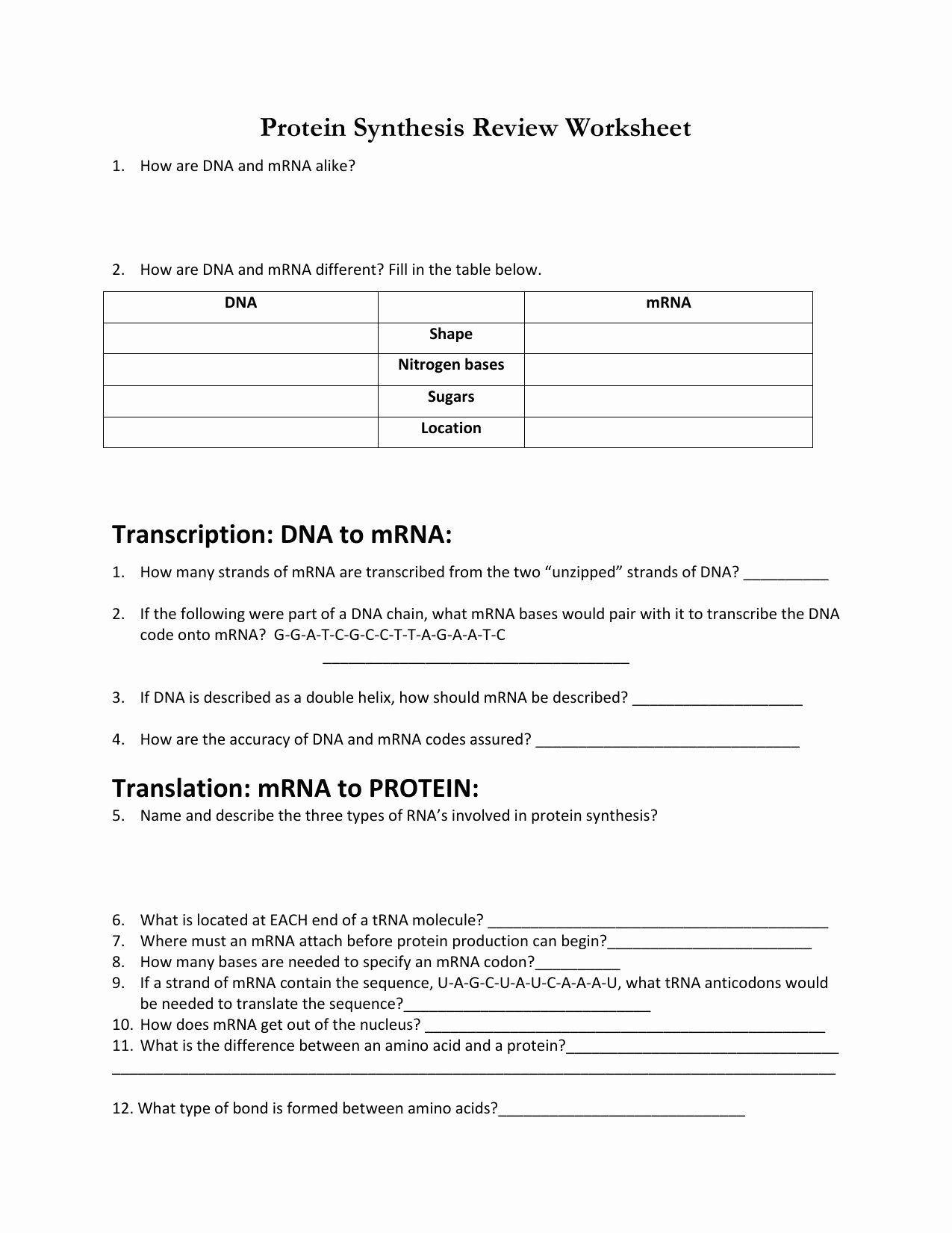 Protein Synthesis Worksheet Answers Fresh Dna Review Worksheet Answers