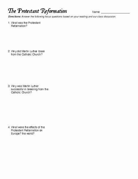 Protestant Reformation Worksheet Answers Awesome the Protestant Reformation Worksheet for 6th 10th Grade