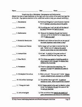 Protestant Reformation Worksheet Answers Best Of Renaissance and Reformation Vocabulary Quiz Worksheet by