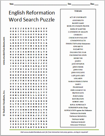 Protestant Reformation Worksheet Answers Elegant English Reformation Word Search Puzzle
