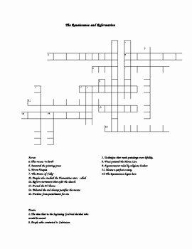 Protestant Reformation Worksheet Answers Lovely Renaissance and Reformation Crossword Puzzle by Shannon