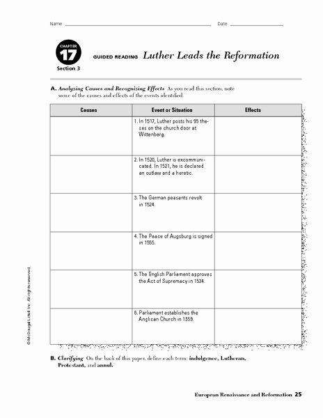 Protestant Reformation Worksheet Answers Unique Luther Leads the Reformation Graphic organizer for 6th