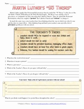 Protestant Reformation Worksheet Answers Unique Martin Luther the Reformation and Create Your Own 95