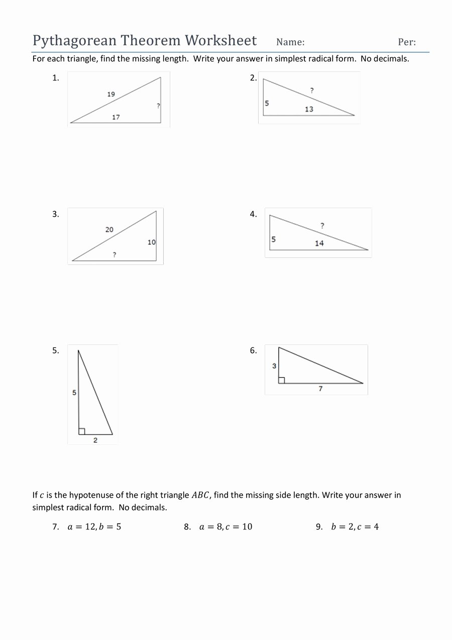Pythagoras theorem Worksheet with Answers Beautiful 48 Pythagorean theorem Worksheet with Answers [word Pdf]
