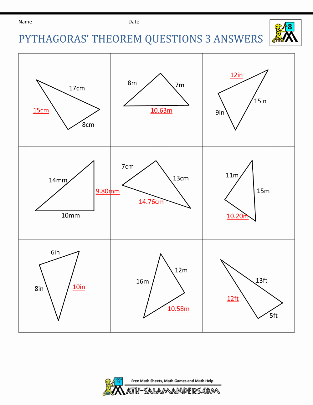 Pythagoras theorem Worksheet with Answers New Pythagoras theorem Questions