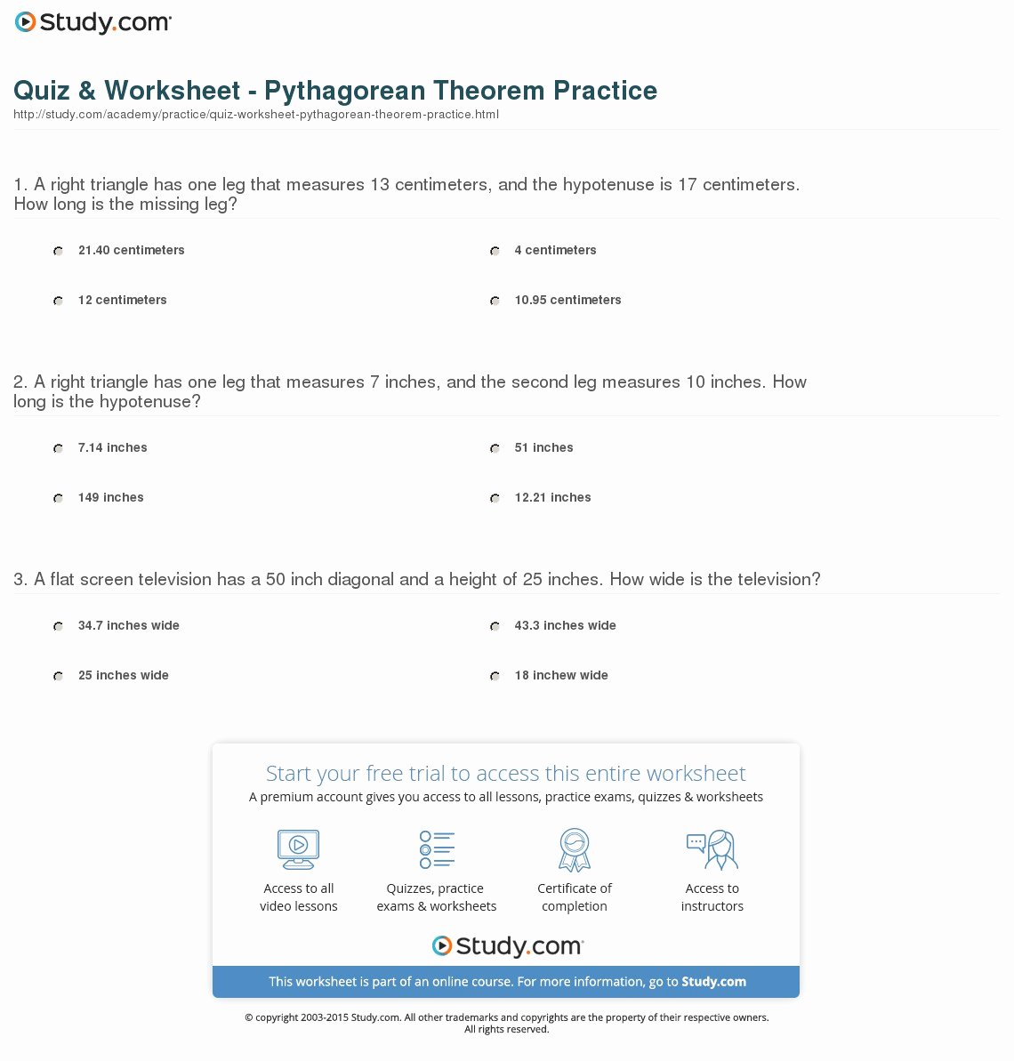 Pythagorean theorem Worksheet Answer Key Unique Quiz &amp; Worksheet Pythagorean theorem Practice
