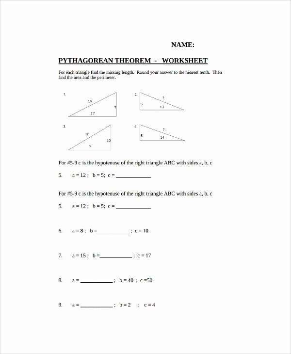 Pythagorean theorem Worksheet Answer Key Unique Sample Pythagorean theorem Worksheet 9 Free Documents