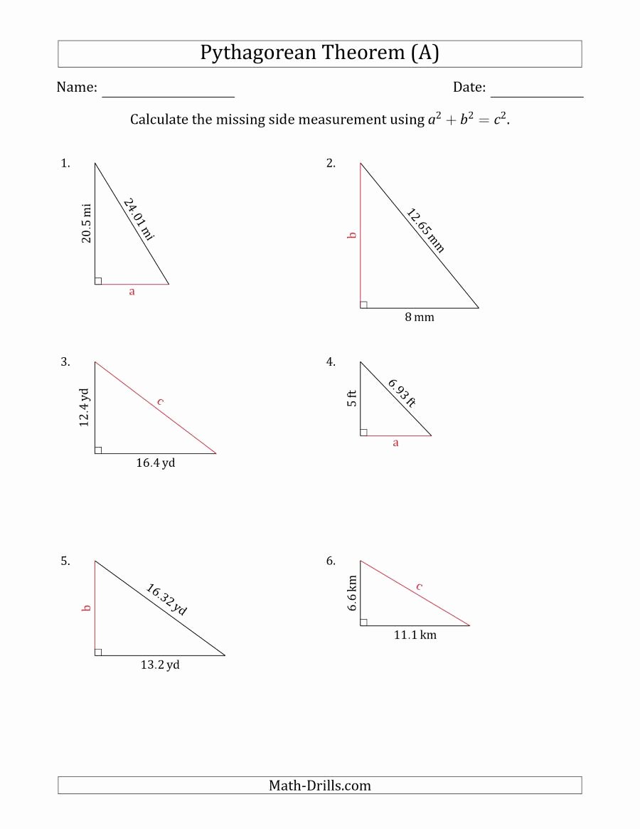 Pythagorean theorem Worksheet Answers New Calculate A Side Measurement Using Pythagorean theorem No