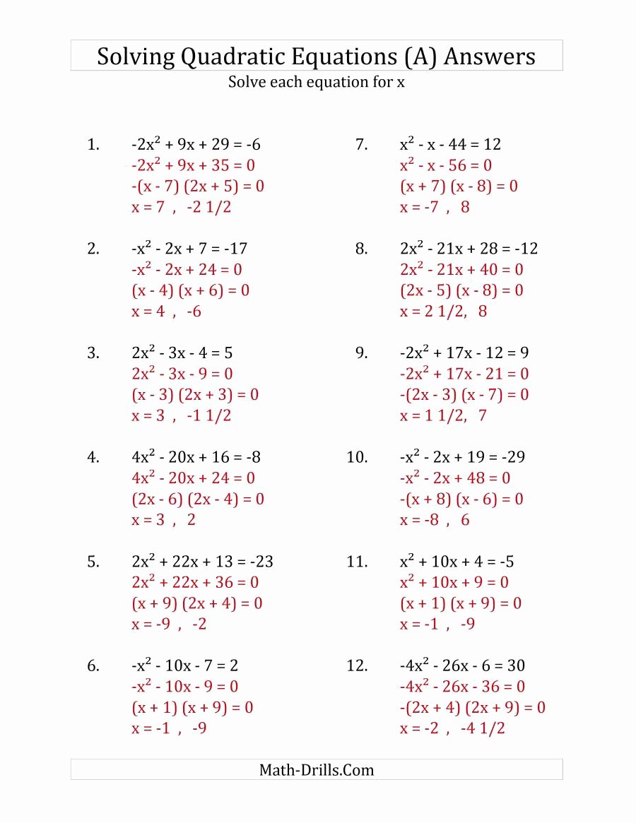Quadratic Equation Worksheet with Answers Awesome solving Quadratic Equations for X with A Coefficients